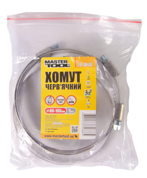 Хомут черв'ячний MASTERTOOL German type W2 DIN 3017 9.0 мм Ø 80-100 мм 5 шт 20-1948 - Зображення 2