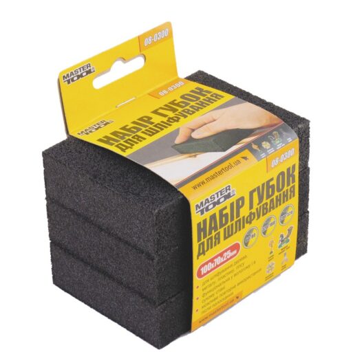 Губка для шлифования MASTERTOOL двухсторонняя набор 3 шт Р60/80 Р120/180 Р240/320 100х70х25 мм 08-0300 — изображение 2