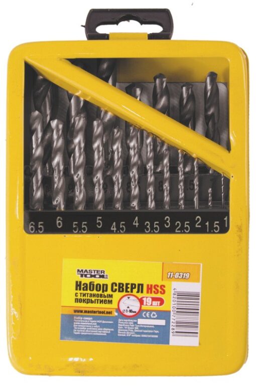 Набор сверл для металла MASTERTOOL 19 шт HSS 1 - 10 мм metal box WHITE 11-0119 — изображение 2