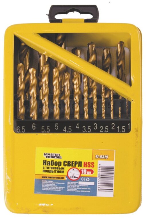 Набор сверл для металла MASTERTOOL 19 шт HSS 1 - 10 мм metal box ТИТАН 11-0319 — изображение 2