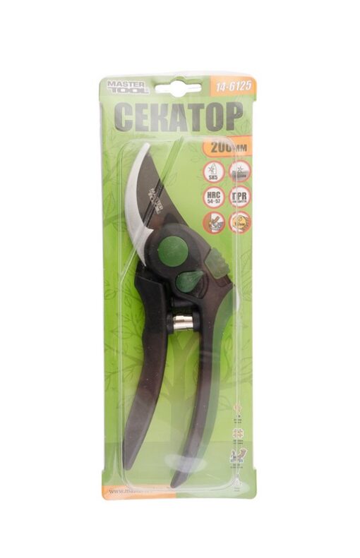 Секатор садовый MASTERTOOL 200 мм с ручками ABS-пластик с покрытием TPR лезвие тефлоновое SK5 регулятор раскрытия лезвий 14-6125 — изображение 2