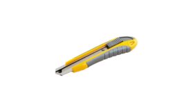 Нож строительный MASTERTOOL ЭРГО с отломным лезвием 18 мм ABS пластик с TPR покрытием металлическая направляющая кнопочный фиксатор 3 лезвия 17-0111