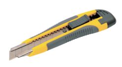 Нож строительный MASTERTOOL с отломным лезвием 18 мм ABS пластик с TPR покрытием металлическая направляющая кнопочный фиксатор 3 лезвия 17-0119