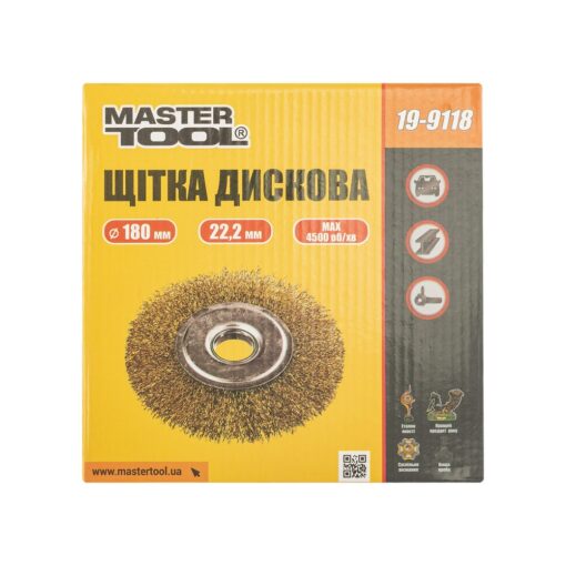 Щетка дисковая MASTERTOOL из латунированной рифленой проволоки 180х22.2 мм 19-9118 — изображение 3
