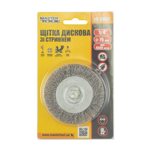 Щетка дисковая MASTERTOOL из рифленой проволоки 75 мм со стержнем 1/4" 19-9807 — изображение 3