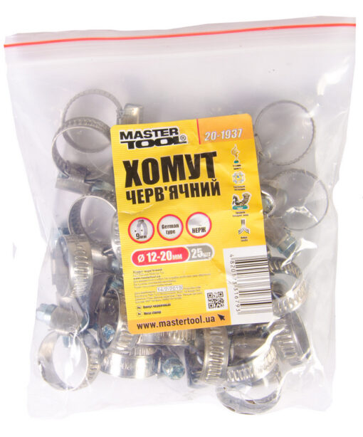 Хомут червячный MASTERTOOL German type W2 DIN 3017 9.0 мм Ø 12-20 мм 25 шт 20-1937