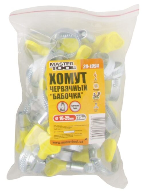 Хомут червячный MASTERTOOL German type "Бабочка" W1 DIN 3017 9.0 мм Ø 16-25 мм 25 шт 20-1994 — изображение 2