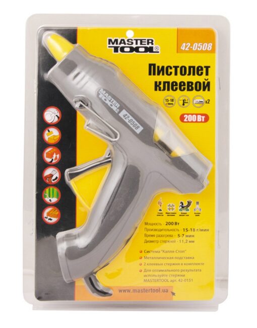 Пистолет клеевой MASTERTOOL Ø 11.2 мм 200 Вт 15-18 г/мин "Капля-Стоп" 42-0508 — изображение 2