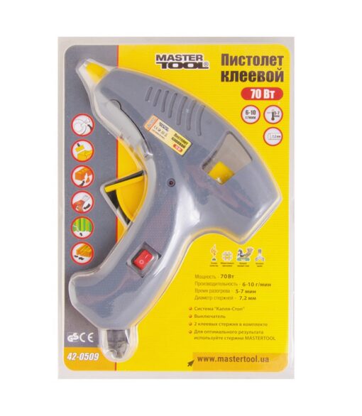Пистолет клеевой MASTERTOOL Ø 7.2 мм 70 Вт/220 В/50 Гц 6-10 г/мин "Капля-Стоп" с выключателем 42-0509 — изображение 2