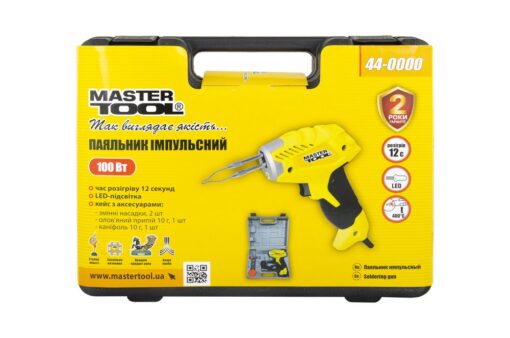 Паяльник импульсный MASTERTOOL с трансформатором 100 Вт/220-240 V/50 Hz 0-400°С LED пластиковый кейс/аксессуары 44-0000 — изображение 4