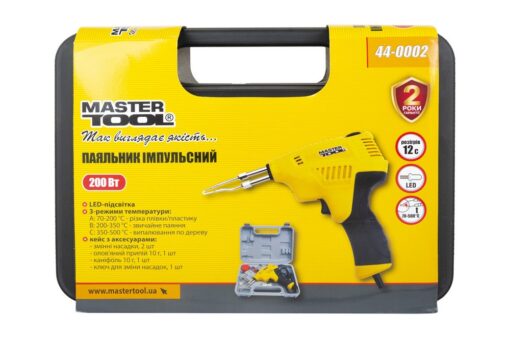 Паяльник импульсный MASTERTOOL с трансформатором 3 режима 200 Вт/220-240 V/50 Hz 0-500°С LED пластиковый кейс/аксессуары 44-0002 — изображение 5