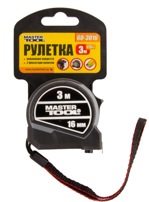 Рулетка MASTERTOOL 3 м 16 мм фиксатор полотна кнопка STOP нейлоновое покрытие металлическая накладка 60-3016 — изображение 2