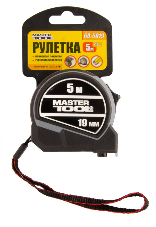 Рулетка MASTERTOOL 5 м 19 мм фиксатор полотна кнопка STOP нейлоновое покрытие металлическая накладка 60-5019 — изображение 2