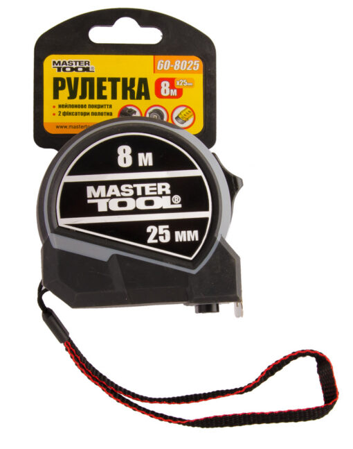 Рулетка MASTERTOOL 8 м 25 мм фиксатор полотна кнопка STOP нейлоновое покрытие металлическая накладка 60-8025 — изображение 2