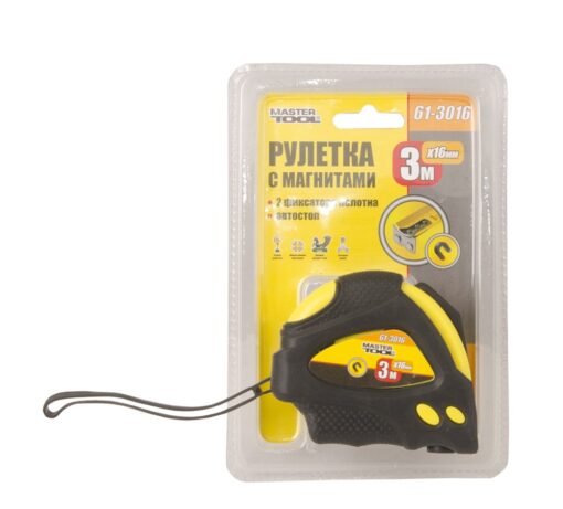 Рулетка MASTERTOOL 3 м 16 мм с магнитами 2 фиксатора покрытие TPR 61-3016 — изображение 2