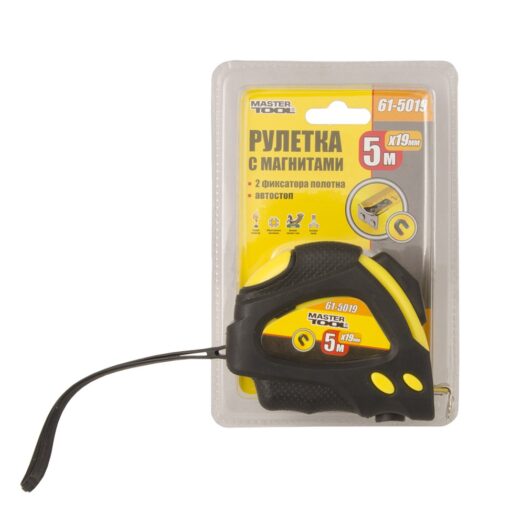 Рулетка MASTERTOOL 5 м 19 мм с магнитами 2 фиксатора покрытие TPR 61-5019 — изображение 3