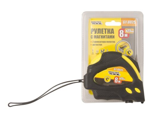 Рулетка MASTERTOOL 8 м 25 мм с магнитами 2 фиксатора покрытие TPR 61-8025 — изображение 2