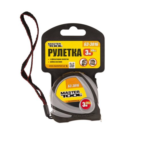 Рулетка MASTERTOOL 3 м 16 мм фиксатор полотна покрытие TPR 63-3016 — изображение 2