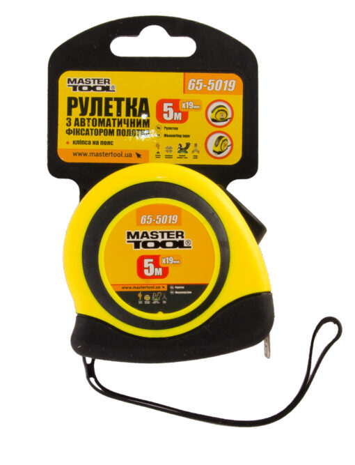 Рулетка MASTERTOOL 5 м 19 мм автоматический фиксатор полотна покрытие TPR 65-5019 — изображение 2