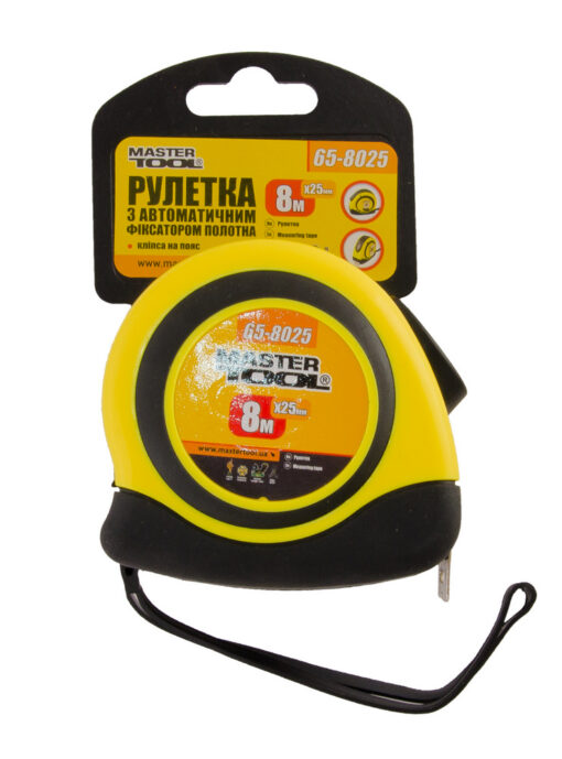 Рулетка MASTERTOOL 8 м 25 мм автоматический фиксатор полотна покрытие TPR 65-8025 — изображение 2