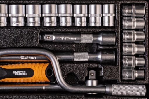 Набор инструментов MASTERTOOL PROFI ½" 24 шт 10-32 мм гнутый вороток CrV50BV30 металлический кейс 78-4125 — изображение 5
