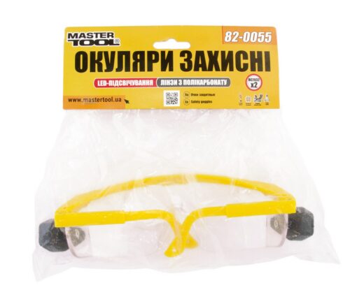 Очки открытые MASTERTOOL КОМФОРТ панорамная линза полуоправа с регулируемыми дужками LED l-класс прозрачные 82-0055 — изображение 2