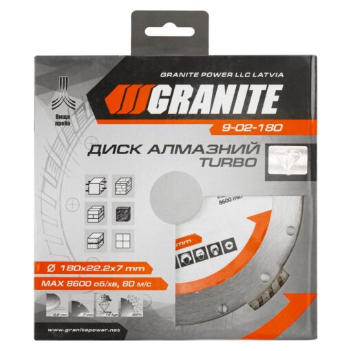 Диск алмазный GRANITE TURBO 180х2.6 мм 22-24% 8600 об/мин 9-02-180 — изображение 2