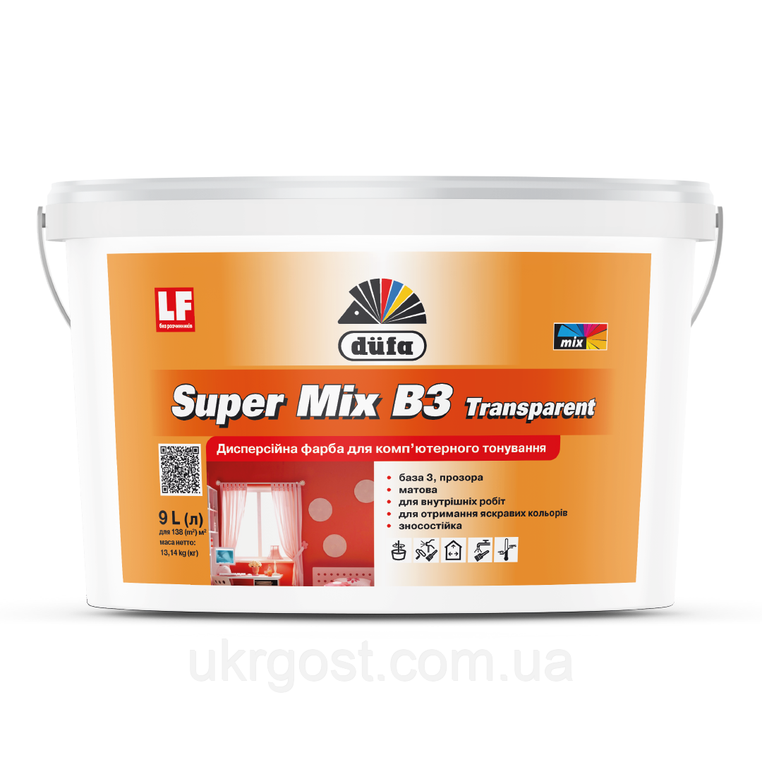 Краска для стен акриловая Dufa Super Mix B3 Transparent мат прозрачная база под тонировку 9 л