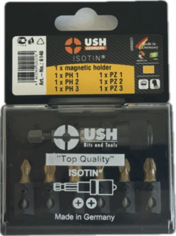 Набір насадок викруткових Isotin USH: 1/4", PH1, PH2, PH3, PZ1, PZ2, PZ3; магнітний тримач, 7 ел.