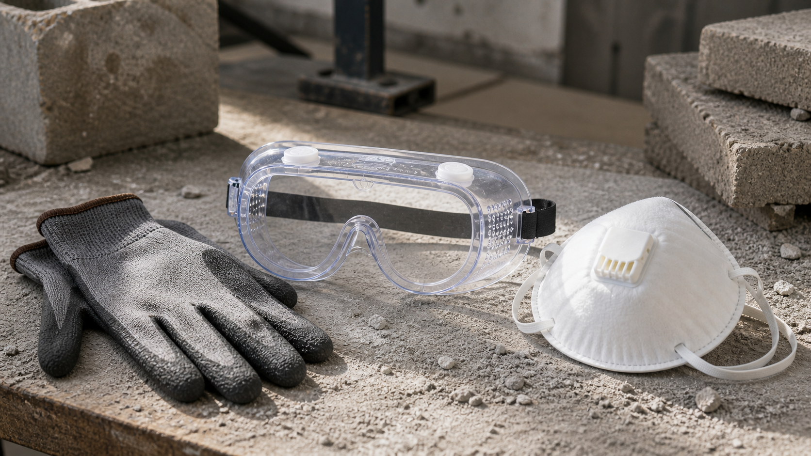 Закриті захисні окуляри респіратор рукавиці і пил на робочій поверхні